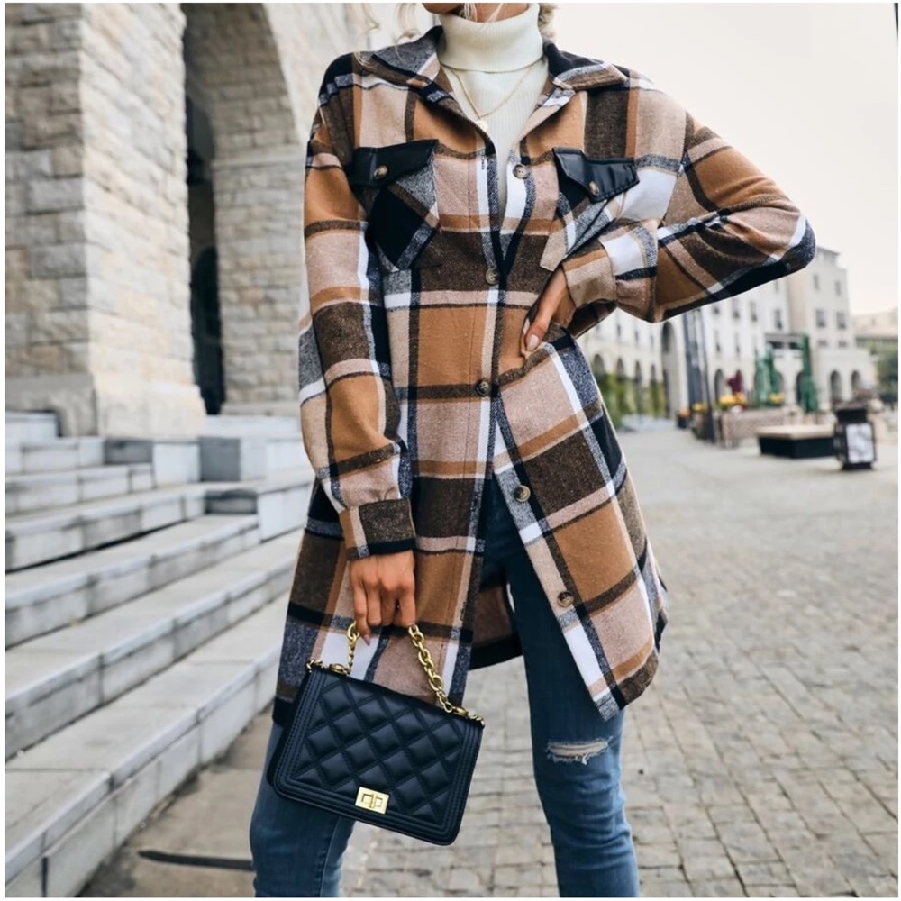 Cozy Plaid Print Button up Oversized Jacket Shacket - Picture 6 of 6
